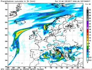 Le precipitazioni attese secondo GFS12z per la giornata di Martedi, notare come il versante Adriatico e le regioni Meridionali sia maggiormente coinvolto dal maltempo della prossima settimana.