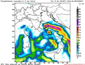 Precipitazioni attese al centro e al sud Italia dall'aggiornamento di GFS12z per la serata di domani.