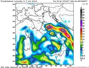 Precipitazioni attese dall'aggiornamento di GFS06z per il pomeriggio e la serata di domani al centro e al sud Italia.
