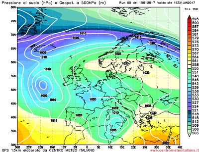 Analisi modelli GFS00Z: clima invernale sull' Italia con piogge e neve al Centro-Sud