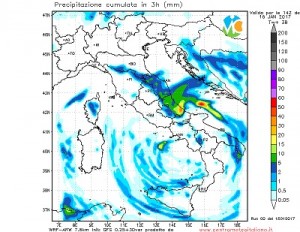 Precipitazioni attese durante il pomeriggio di domani, instabilità sparsa al sud mentre le precipitazioni maggiori riguarderebbero l'area centrale Appenninica, fra Marche e Abruzzo con neve abbondante sino a bassa quota.