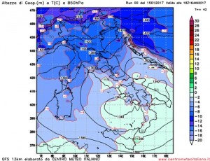 Temperature previste alla quota di 1500metri durante il pomeriggio di domani, notare come i valori più freddi interessino le aree settentrionali e parte delle regioni centrali Italiane, compreso l'appennino centro settentrionale che verrà interessato da abbondanti nevicate.