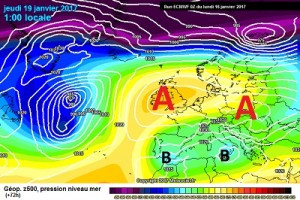 Situazione sinottica prevista da ECMWF00z per la metà della settimana, Il Mediterraneo è pienamente interessato da un afflusso artico orientale, ma con la tendenza a venir gradualmente smorzato dall'invadenza dell'alta pressione nord europea, che tenta di smorzare la circolazione per il fine settimana.