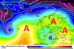 Configurazione prevista da ECMWF00z per questo weekend, con la formazione di un nuovo vasto minimo di bassa pressione in risalita questa volta dal Nord Africa, ad apportare un nuovo peggioramento ma in un contesto di temperature decisamente meno fredde.