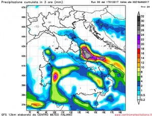 Le precipitazioni attese, secondo GFS06z per la serata odierna, notare come le precipitazioni più intense vadano a riguardare ancora l'Abruzzo, parte del Molise e della Puglia settentrionale.