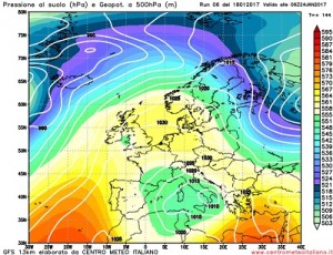 La depressione mediterranea ipotizzata da GFS06z per la prima metà della prossima settimana. Mentre l'alta pressione sarebbe presente sui paesi dell'Europa Centrale bloccando la circolazione sul Mediterraneo. 