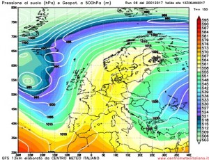 Il ritorno di un campo di alta pressione in Europa e sul Mediterraneo occidentale nella seconda metà della prossima settimana visto da GFS06Z, con la discesa sull'Europa orientale di una nuova irruzione d'aria fredda.