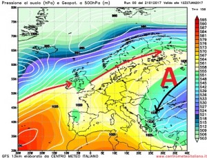 Situazione sinottica ipotizzata da GFS00z per il fine settimana prossimo, con l'alta pressione ben presente fra Atlantico ed Europa centrale, mentre sull'Europa orientale si farebbe strada una nuova irruzione d'aria fredda di matrice artica.