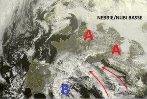 Scatto satellitare Europeo relativo a questo pomeriggio, ove si evidenzia il vasto vortice di bassa pressione centrato sulle Baleari, e il vasto campo di Alta pressione invece che interessa gran parte d'Europa compresa parte del Nord Italia.