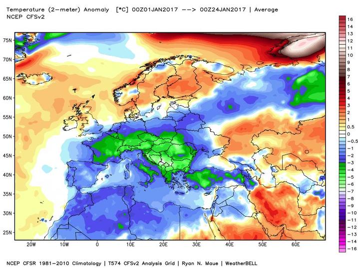 Mese di Gennaio che chiuderà con temperature sotto media sull'Europa, molto freddo sull'Italia con anomalie fino a 5-6 gradi - models.weatherbell.com