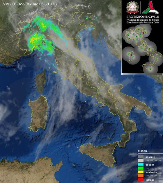 Tempo in atto: piogge sull'Italia soprattutto al Centro-Nord a causa di una perturbazione atlantica. Neve sulle Alpi oltre i 1000-1300 metri - protezionecivile.gov.it