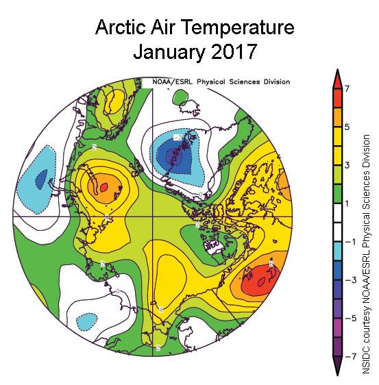 Anomalie di temperature registrare sull'Artico nel mese di Gennaio 2017 - nsidc.org