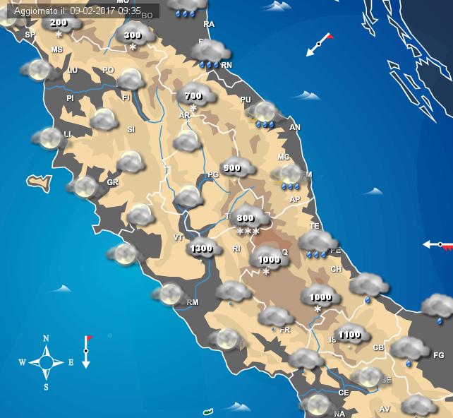 Maltempo su MARCHE e ABRUZZO nelle prossime ore con piogge e temporali anche intensi, neve in Appennino oltre i 1000-1400 metri. Maltempo su MARCHE e ABRUZZO nelle prossime ore con piogge e temporali anche intensi, neve in Appennino oltre i 1000-1400 metri.