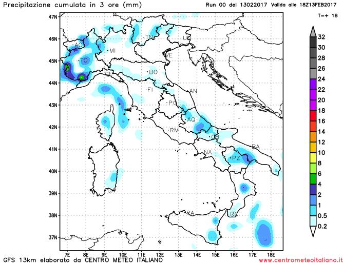 Locali deboli fenomeni previsti nelle prossime ore al Centro-Nord dal modello GFS