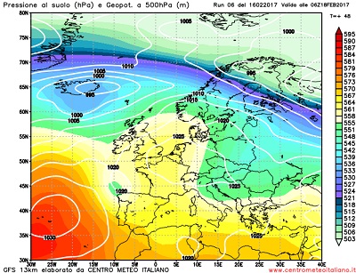 Il transito di un impulso instabile seguito da un calo delle temperature visto da GFS06z in una mappa relativa a Sabato Mattina, quando l'instabilità riguarderà in particolar modo il centro sud.