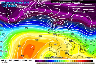 La situazione prevista da ECMWF00z per la prima metà della prossima settimana, con un allungamento dell'Anticiclone dall'Atlantico sin verso il Mediterraneo.