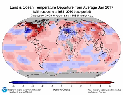 Gennaio 2017 a livello globale è stato il 3° più caldo di sempre, Europa sotto media