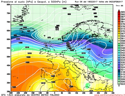 La situazione sinottica prevista da GFS06z per la giornata di Mercoledi 22, con l'alta pressione delle Azzorre che dall'Atlantico viene espandendosi sin verso il Mediterraneo, provocando un clima mite e un tempo in prevalenza stabile.