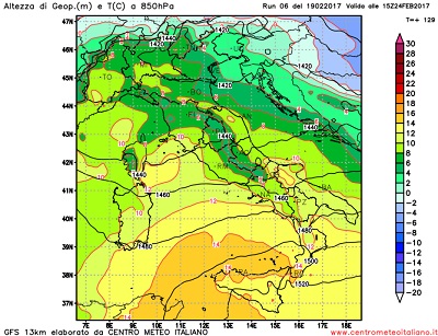 Temperature previste ad una quota di 1500metri per il fine della prossima settimana sull'Italia, notare i valori decisamente miti interessare in particolar modo le regioni centrali e meridionali.