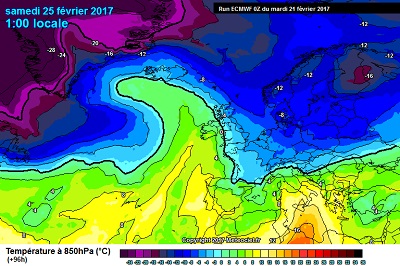 Le Temperature previste ad una quota di circa 1500metri per Sabato, con l'aria fredda in procinto ad attraversare le Alpi al nord e un richiamo d'aria più calda proveniente dal nord Africa interessare le regioni meridionali. 