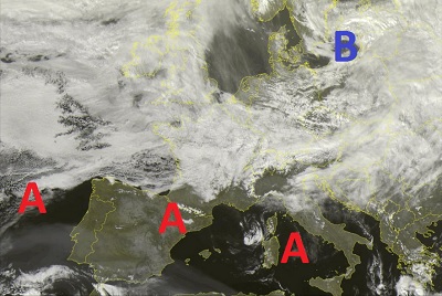 Situazione satellitare relativa alle ultime ore, con gran parte dell'Europa meridionale dominata dal tempo stabile grazie alla presenza di un vasto campo di alta pressione, mentre correnti umide occidentali dominano la scena in Europa centrale, ove è la nuvolosità a farla da padrone.