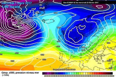 La tendenza a lungo termine per il 1 Marzo proposta da ECMWF00z, con un ritorno delle perturbazioni Atlantiche sin verso il Mediterraneo.