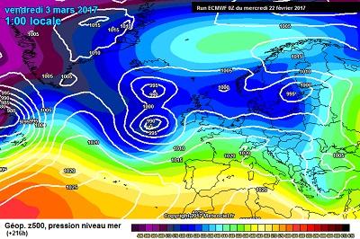 L'abbassamento della corrente a getto perturbata Atlantica ipotizzata da ECMWF00z per i primi giorni di Marzo, con un possibile ritorno di un periodo più piovoso e dinamico anche per l'Italia.