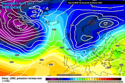 La situazione prevista da ECMWF00z per Mercoledi 1 Marzo, con l'azione sul Mediterraneo di una prima intensa perturbazione Atlantica.