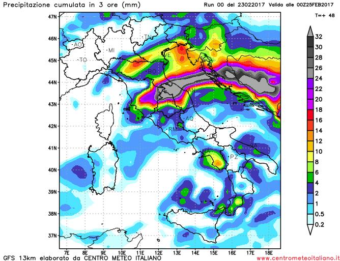 Fenomeni previsti dal modello GFS per il pomeriggio di domani Fenomeni previsti dal modello GFS per il pomeriggio di domani