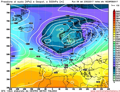 La situazione prevista da GFS06z per Martedi 28 Febbraio, con il centro e nord Italia interessati da un'intensa e veloce perturbazione Atlantica da ovest.