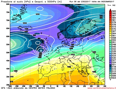 La situazione ipotizzata da GFS06z per i primi giorni di Marzo, con un abbassamento della corrente a getto in Atlantico e un interessamento parziale anche del Mediterraneo.