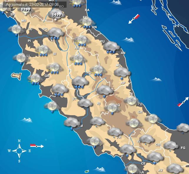 Veloce e intensa fase di maltempo in arrivo sulle regioni del Centro Italia da domani. Attesi piogge, temporali e neve sui rilievi. Veloce e intensa fase di maltempo in arrivo sulle regioni del Centro Italia da domani. Attesi piogge, temporali e neve sui rilievi.