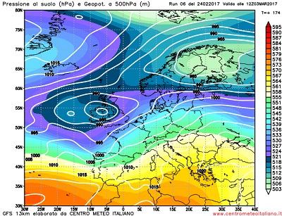 Il flusso Atlantico previsto da GFS06z per il primo fine settimana di Marzo, con un tipo di tempo umido e piovoso sul centro e nord Italia.