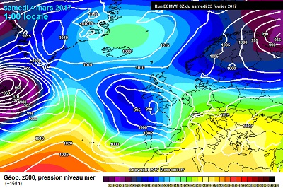La situazione ipotizzata sempre da ECMWF00z per il primo weekend di Marzo, con l'avvicinamento di una vasta perturbazione Atlantica verso l'Italia. 