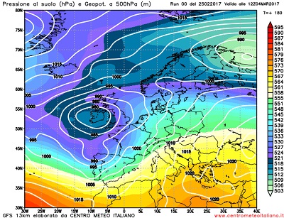La tendenza a lungo termine proposta da GFS00z per il primo weekend di Marzo, con un ampia circolazione di bassa pressione fra Atlantico ed Europa occidentale ad influenzare il tempo anche sul Mediterraneo.