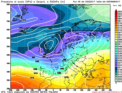 La situazione a lungo termine ipotizzata da GFS06z per il prossimo weekend, con l'avvicinamento da ovest di una vasta e intensa perturbazione Atlantica.