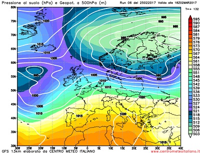 La situazione prevista per Giovedi 2 Marzo, con il Mediterraneo interessato da un promontorio di alta pressione, mentre sul nord Italia inizieranno a scorrere umide correnti Atlantiche da ovest.