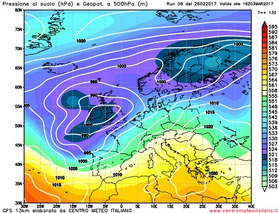 L'intensa perturbazione Atlantica che secondo i modelli verrà ad interessare dapprima il nord Italia a partire dalla giornata di Venerdi 3 Marzo.