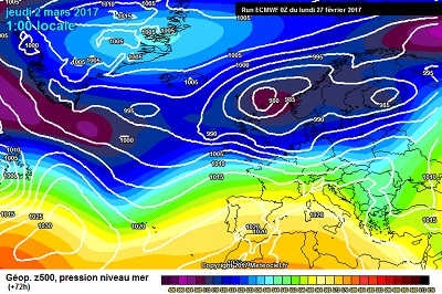 Situazione sinottica prevista per la giornata di Giovedi 2 Marzo, con la presenza di un debole promontorio di alta pressione sul Mediterraneo, accompagnato però al nord Italia dal transito di correnti più umide occidentali.