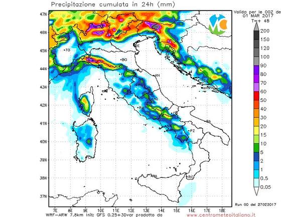 Fenomeni previsti tra oggi e domani sull'Italia dal nostro modello WRF