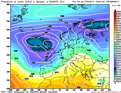 La situazione prevista da GFS06z per la giornata di Venerdi, con l'avvicinamento da ovest di un'intensa perturbazione atlantica pilotata verso l'Italia da quel profondo e vasto sistema di bassa pressione posizionato sul Regno Unito.