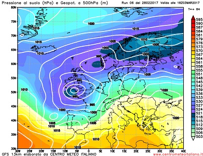 L'arrivo di un'intensa e strutturata perturbazione Atlantica al nord Italia nella giornata di Venerdi 3 Marzo, pilotata da un vasto vortice di bassa pressione sul Regno Unito.
