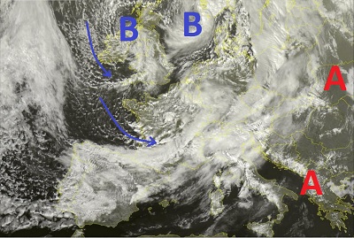 Situazione satellitare relativa alle ultime ore, con la presenza in Europa di una vasta circolazione depressionaria che va pilotando sin verso il nord Italia una modesta perturbazione Atlantica.