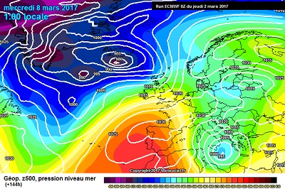 La situazione prevista per Mercoledi 8 Marzo da ECMWF00z, con la presenza di un vasto vortice di bassa pressione sul Mar Ionio,e una prosecuzione di una fase instabile per il sud Italia, mentre al nord il tempo andrebbe gradualmente migliorando.
