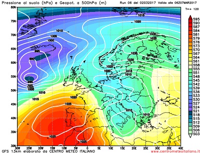La proiezione a lungo termine relativa a Martedi 7, con infiltrazioni più fresche ed instabili da nordovest abbordare il Mediterraneo, apportando la formazione di un nuovo minimo di bassa pressione verso le regioni meridionali.