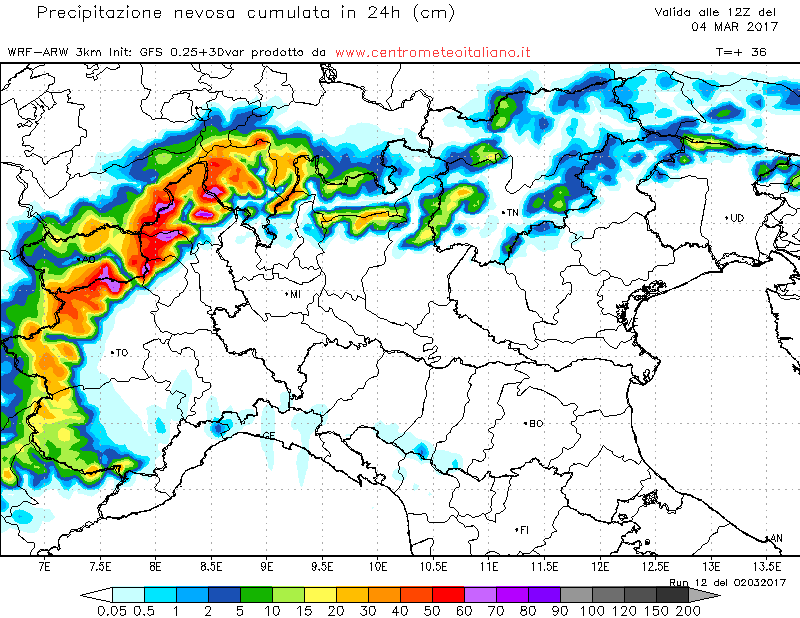 Accumuli di neve previsti sulle Alpi entro la mattinata di domani dal nostro modello WRF Accumuli di neve previsti sulle Alpi entro la mattinata di domani dal nostro modello WRF