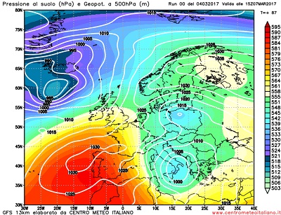 La situazione prevista da GFS00z per la giornata di Martedi 7 , con la presenza di un vasto vortice di bassa pressione fra le regioni centro meridionali ad apportare una nuova fase di maltempo.