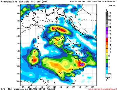 Le piogge attese sulle regioni centro meridionali nella notte fra Lunedi 6 e Martedi 7 Marzo, con l'arrivo di un ultima e intensa perturbazione sul Mediterraneo.