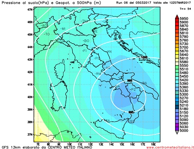 La pressione prevista da GFS06z sull'Italia per la giornata di Martedi, con la formazione di un ampio minimo di bassa pressione sulle regioni centro meridionali Italiane.