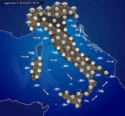 Tempo previsto in Italia nelle prossime ore, con un miglioramento sulle regioni centrali e della residua instabilità su quelle meridionali. Cieli invece poco nuvolosi al nord Italia, con rovesci nevosi sulle Alpi confinali.